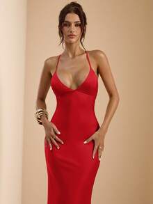 SHEIN BAE Váy đuôi cá satin dài, hở lưng, cổ chữ V sâu màu mơ và trắng, dây mảnh, dáng suông, buộc nơ, đầm thanh lịch, đầm đi nghỉ, đầm phù dâu, đầm dự tiệc sinh nhật, đầm tốt nghiệp, đầm trắng - Đỏ - Xem 7