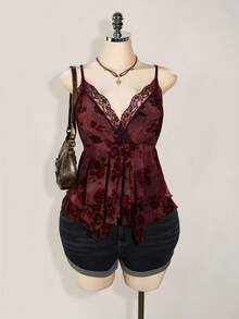 SHEIN ICON 加大码嬉皮女式蕾丝撞色印花不对称下摆吊带背心，适合节日、暑假、毕业季、返校季 - 彩色 - 查看 2