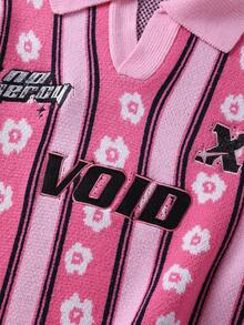 ROMWE MEN Prep 男士刺绣条纹提花针织毛衣，宽松短款，秋冬 - 粉色 - 查看 4