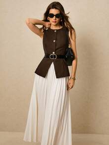 Poéselle Bộ vest nữ màu trơn một hàng khuy và chân váy midi xếp ly thanh lịch mùa thu đông dành cho nữ - Cà phê nâu - Xem 1