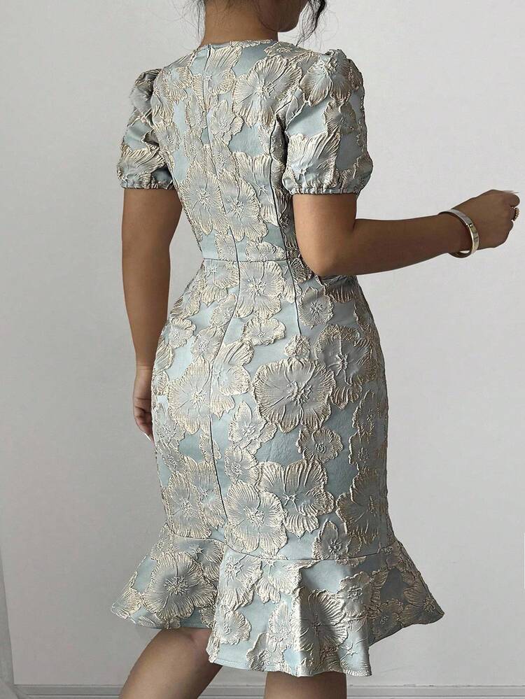 Elenzga Vestido elegante de estilo francés con cuello redondo, manga corta, textura bordada con patrón floral 3D, cintura ajustada, efecto estilizante y cola de pez, color verde oliva, talla grande - Verde - Añade 2