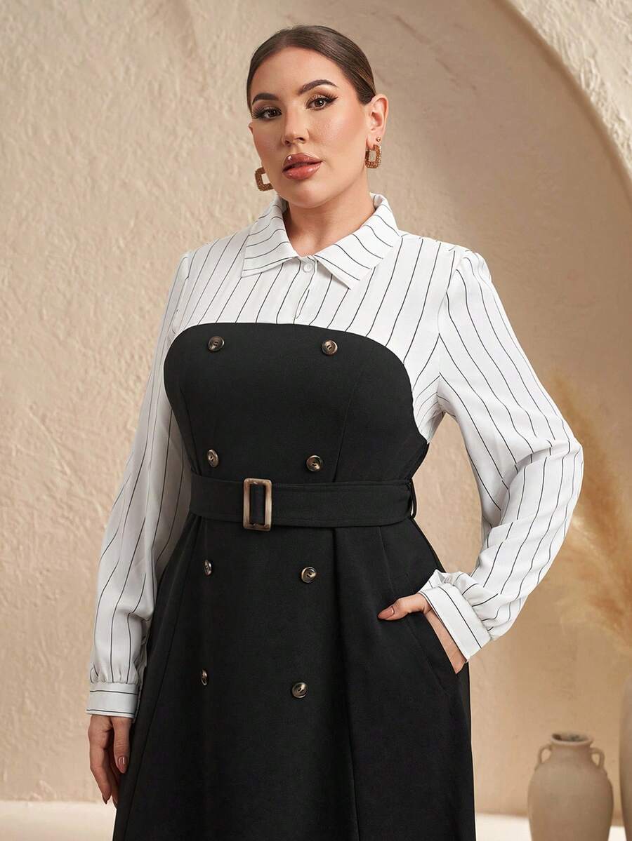 Chikora Đầm công sở tay dài tối giản, dáng rộng, có túi ở eo