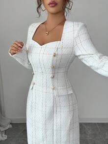 Elenzga Women's Elegant Tweed Sweetheart Neck Long Sleeve Short Dress, Autumn - White - View 3