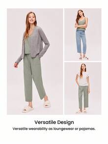 LUVLETTE Women Soft Melange Cotton V-Neck Tank Top And Long Pants Airy Pajama Set Lounge Set With Pockets Lingerie As Outerwear& Pyjamadressing - Green - View 8