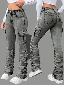 SHEIN Teenager Mädchen Y2K Jeans mit Steinwaschung, weitem Bein, Falten und Klaschentasche, gestapelte Jeans