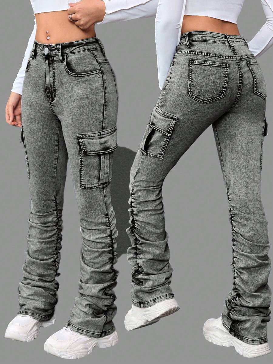 SHEIN Teenager Mädchen Y2K Jeans mit Steinwaschung, weitem Bein, Falten und Klaschentasche, gestapelte Jeans