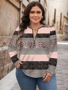 SHEIN LUNE Gold glitzernder gestreifter Muster Große Größen Halb-Reißverschluss Rundhals Loose Langarm T-Shirt, geeignet für den Herbst - Verschiedenfarbig - Übersicht 6