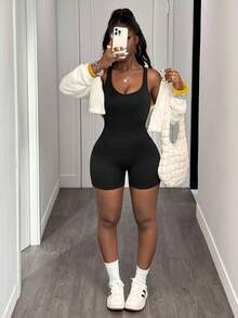 Slaydiva Women's Solid Color Criss-Cross Back Casual Fitness Sports Romper - Black - View 6