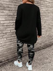 EMERY ROSE 2 件套大码女式迷彩字母印花长袖 T 恤和瑜伽裤，休闲秋冬装 - 黑色 - 查看 2