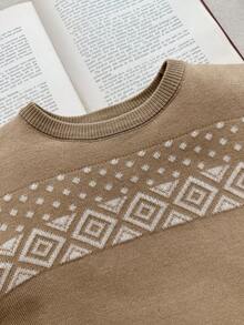 Blossori Young Boys' French Elegant Geometric Pattern Crew Neck Long Sleeve Sweater Fall Winter - Khaki - View 7