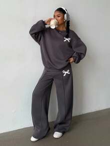 SHEIN 2pcs/Set Teen Girls Loose Fit Pullover Hoodie + Wide Leg Pants, Casual & Fashionable Everyday Wear Fall Winter - Grey - View 6