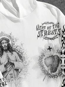 Manfinity ZONE917 Box Cut Short Gothic Jesus Thorns Heart Slogan Print White Hoodie