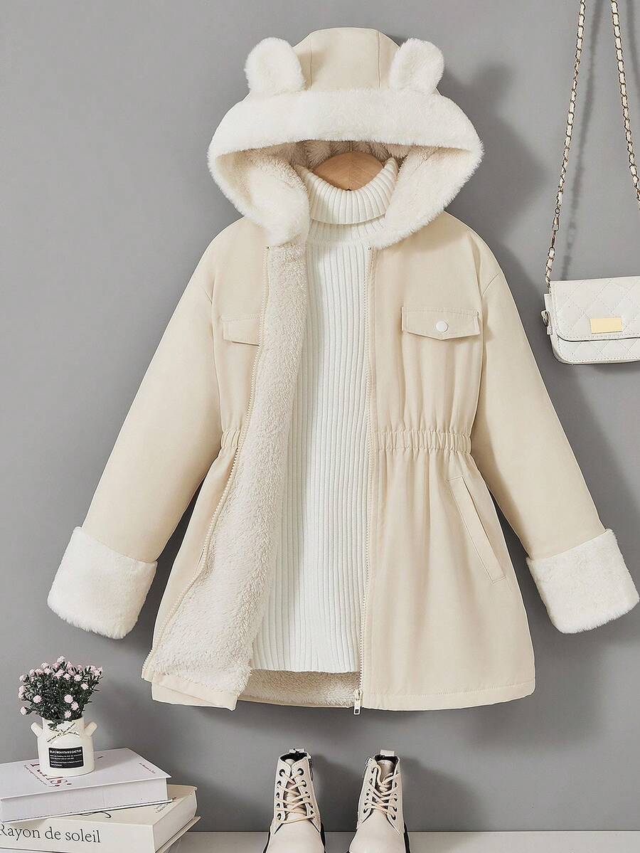 Tween Girl Fluffy Patchwork Jacket With Cute 3D Ear Design, Thick Thermal Lined, Cinched Waist,,In Fall/Winter - Apricot - View 1