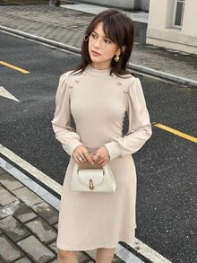 Streecool Teen Girls Knit Ribbed Solid Color Dress, Metal Button Decor, French Retro Collar, Puff Lantern Sleeves, High Waist, Suitable For Casual, Commute, Vacation In Spring And Autumn Fall Winter - Apricot - View 3