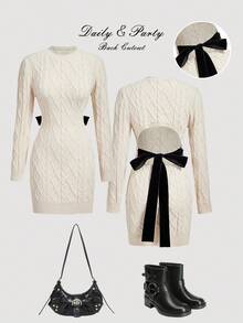 SHEIN MOD Elegant Crochet Hollow-Out Back Tie Up Knitted Dress In Fall/Winter,Christmas Clothes For Women