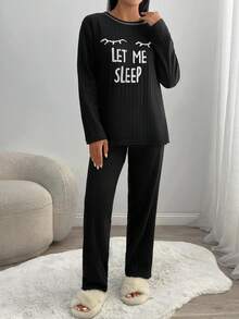 Completo pigiama da donna 2 pezzi, morbido e caldo, in maglia a costine, con dettaglio ricamato "Lasciami dormire", per il comfort della casa