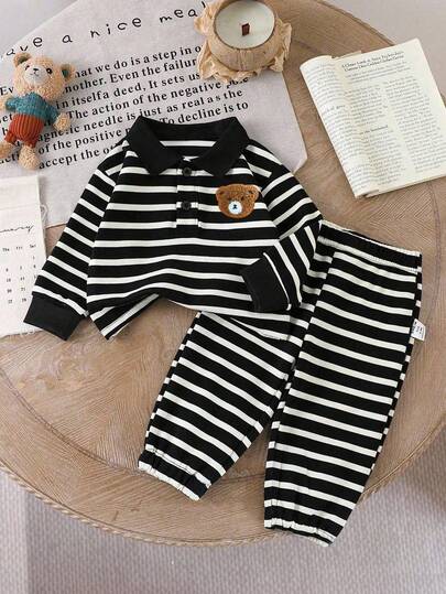 SHEIN Vintaside Kids 男宝宝和女宝宝春秋装！清爽条纹图案搭配小熊刺绣领衬衫，半纽扣设计，可爱外观，搭配条纹无腰带裤，轻盈透气，保暖但不笨重。时尚风格融合可爱图案，无论是户外家庭出游、温馨居家休闲、热闹幼儿园活动，还是小型派对，这都是您小宝贝的完美选择！