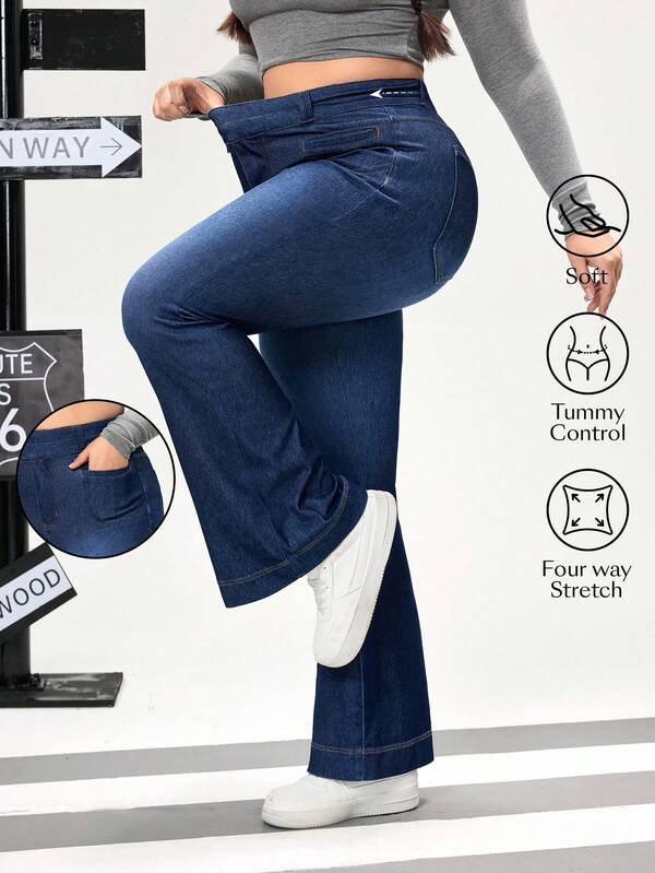 Flexra Vaqueros elásticos ajustados con vuelo azules para mujer de talla grande, otoño rodeo para mujeres