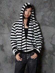 Bloopia Sudadera con capucha de punto estilo coreano casual con rayas jacquard y decoración de orejas de conejo, ajuste holgado, adecuada para mujeres en otoño/invierno y Halloween