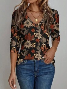 EMERY ROSE Women's Casual V-Neck Long Sleeve T-Shirt, Suitable For Autumn/Winter, Retro Leaf Print
