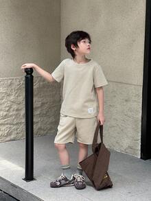 SHEIN Tween Boy Letter Patched Detail Tee & Shorts, School, Campus, College Summer Holiday - Apricot - View 3