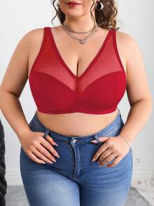 SHEIN CURVE+ 大码纯色网眼插入式无钢圈弧形文胸夏季/乡村/海滩度假装/沙滩装/沙滩装 - 酒紅色 - 查看 3