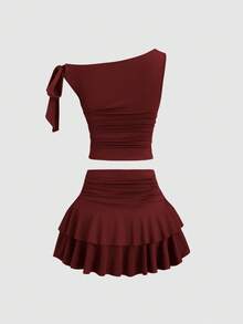 Sweetra Women's Summer Bronze Metallic Floral Camisole & Pleated Layered Mini Skirt Set - Burgundy - View 4