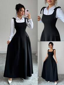 Elenzga New Women's Square Neck Wide Strap Bow Knit Textured Fabric Faux Pocket Pleated Design Dress, Casual Vacation Everyday Versatile Young Elegant, Spring/Summer