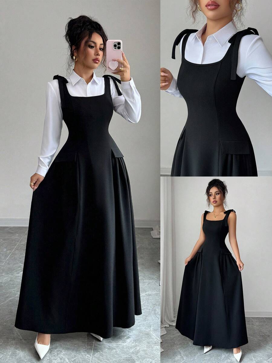 Elenzga New Women's Square Neck Wide Strap Bow Knit Textured Fabric Faux Pocket Pleated Design Dress, Casual Vacation Everyday Versatile Young Elegant, Spring/Summer