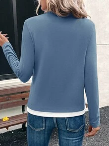 EMERY ROSE 女士撞色二合一长袖T恤 - 藍色 - 查看 2
