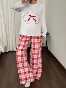 SHEIN 2 件蝴蝶结和格子印花针织长袖上衣和裤子睡衣套装，秋季服装 - 彩色 - 查看 3