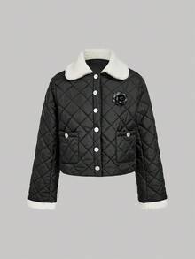 SHEIN MOD Women's Black Diamond Quilted Padded Coat, Contrast Faux Fur Collar, Winter Coat