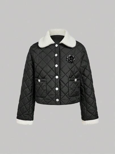 SHEIN MOD Women's Black Diamond Quilted Padded Coat, Contrast Faux Fur Collar, Winter Coat