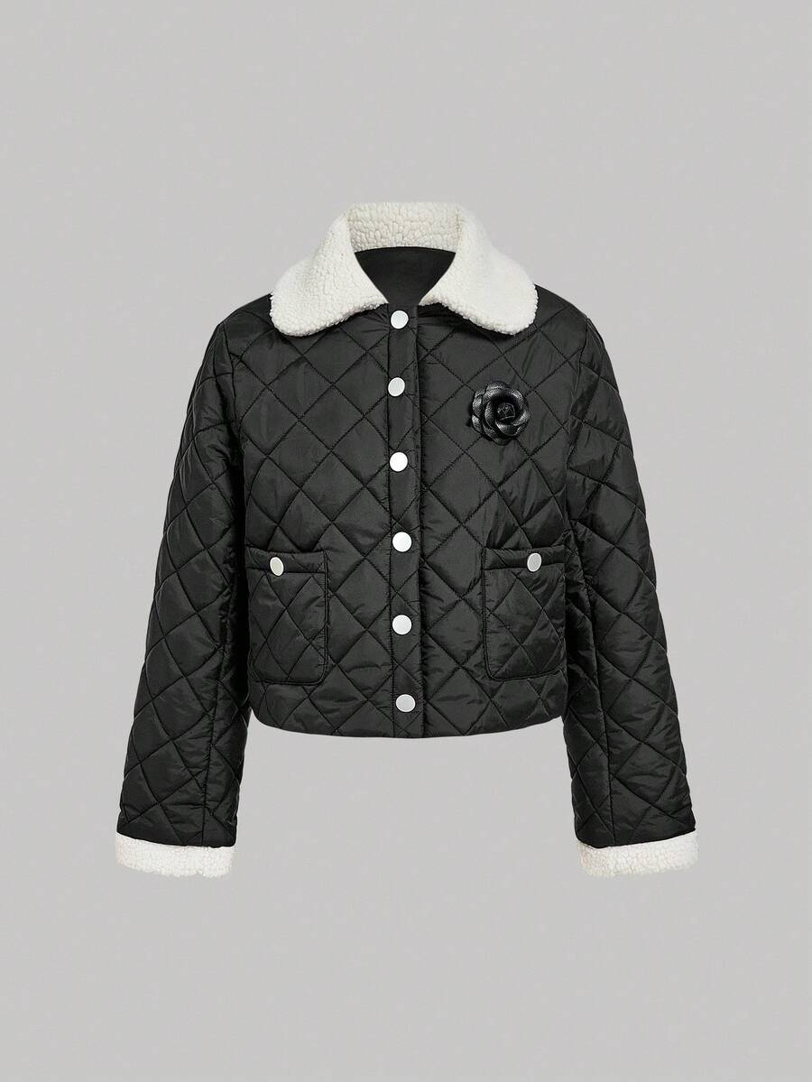 SHEIN MOD Women's Black Diamond Quilted Padded Coat, Contrast Faux Fur Collar, Winter Coat