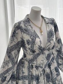 Sweetra 大码女式碎花印花收腰长袖优雅休闲度假衬衫裙 - 彩色 - 查看 5