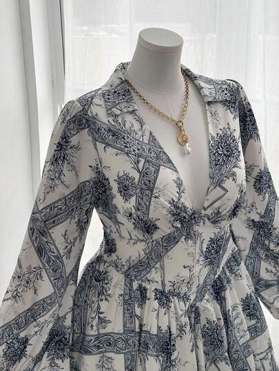 Flirla Plus Size Women Floral Print Waist Cinched Long Sleeve Elegant Casual Vacation Shirt Dress Fall