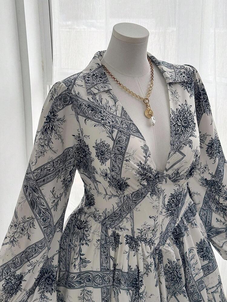 Sweetra Plus Size Women Floral Print Waist Cinched Long Sleeve Elegant Casual Vacation Shirt Dress - Multicolor - View 5