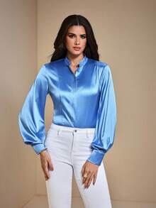 JIAN LASALA Stehkragen Laterne Langarm Figurbetontes Satin Knopfleiste Bluse Damen Frühling Herbst Elegant Winter Hochzeitsgast Luxuriöse Stilvolle Bekleidungskollektion - Blau - Übersicht 5