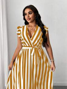 Maweii Plus Size Women Striped Overlap V-Neck Cap Sleeve Casual Dress - Orange - View 2