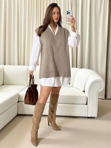 Auralis 大码休闲百搭纯色前短后长针织背心 - 卡其色 - 查看 6