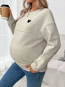 SHEIN 孕妇秋冬爱心印花圆领落肩长袖休闲套头卫衣孕妇上衣孕妇长袖上衣 - 杏色 - 查看 3