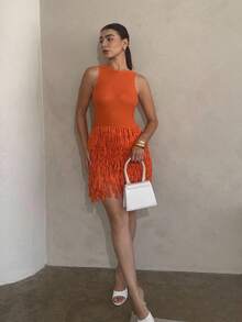 Andrea Bello Women's Summer Fashion Solid Color Tassel Hem Knit Dress - Orange - View 5