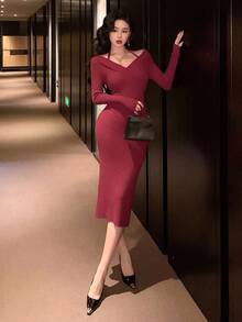 DAZY Elegant Burgundy Autumn Dinner Date Women's Bodycon Sweater Dress,Open Shoulder Backless Spaghetti Strap,Cinched Waist,Perfect For Weddings & Parties - Red - View 7