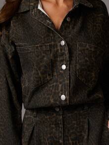 Athîral 女式长袖纽扣半襟休闲口袋阔腿宽松牛仔连体裤女式连体裤女式长袖连体裤女式阔腿连体裤女式连体裤豹纹连体裤 - 彩色 - 查看 4