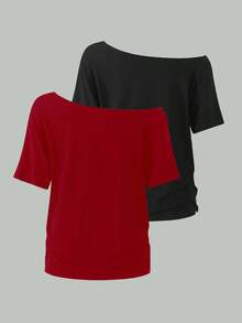 SHEIN Unity 2 件女式宽松不对称领口 T 恤，优雅黑红纯色超大 T 恤 - 彩色 - 查看 2