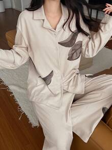 DAZY 2 piezas Conjunto de pijama de manga larga holgado con estampado de hojas para mujer, ropa de otoño