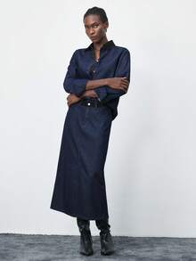 Maija Chân váy denim trơn màu đơn sắc dành cho nữ có túi và đai thắt lưng, đa năng và thời trang - Rửa tối - Xem 5