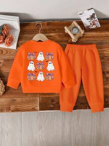 2 件套女婴万圣节南瓜和蝴蝶结图案圆领长袖运动衫和裤子套装，适合秋冬穿着 - 橘色 - 查看 2