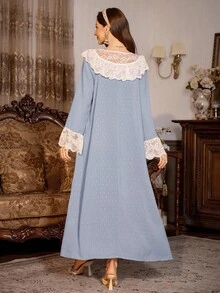 SHEIN 女士蕾丝拼接宫廷风镂空长袖宽松睡裙，蕾丝睡裙，秋冬款 - 藍色 - 查看 2