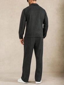 Manfinity Homme 男士纯色休闲长袖夹克和裤子套装男士两件套男士两件套服装，秋冬服装 - 深灰色 - 查看 2
